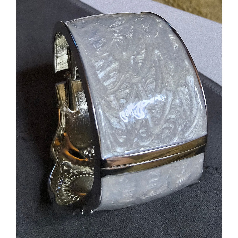 Silver Tone Owl Cuff Bracelet White Marbled Resin Statement Hinge Bangle - Picture 5 of 11